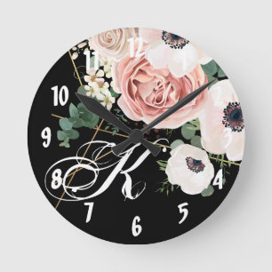 Personalised Wall Clock Geometric Garden Rose Blac