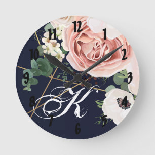 Personalised Wall Clock Geometric Garden Rose Navy
