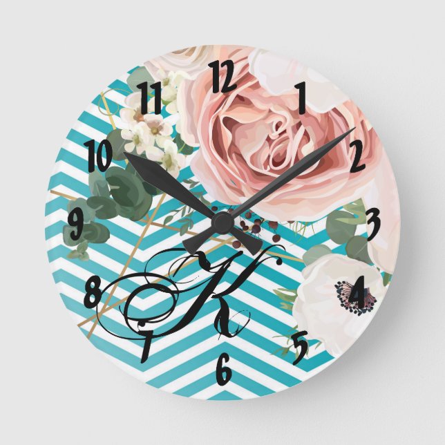 Personalised Wall Clock Geometric Rose Chevron Tea (Front)