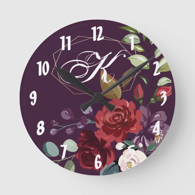 Personalised Wall Clock Plum Purple Roses Gold Geo (Front)
