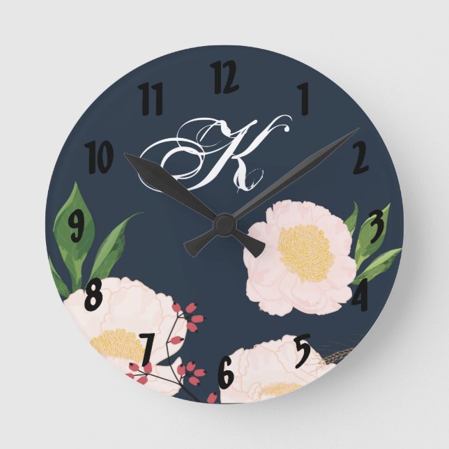 Personalised Wall Clock White Floral Flowers on Da (Front)
