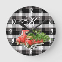 Personalised Wall Clock XMAS Truck Baffalo Plaid B