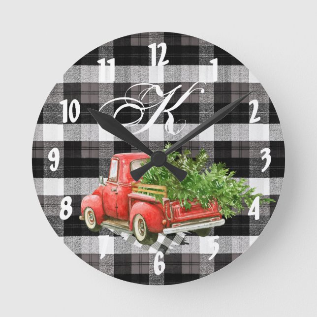 Personalised Wall Clock XMAS Truck Baffalo Plaid B (Front)