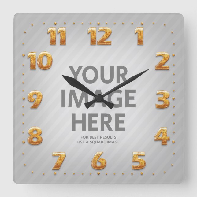 Personalised Wall Clocks Square Photo Gold Numbers (Front)