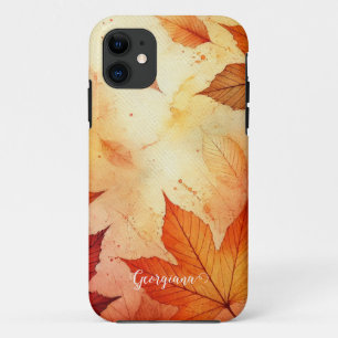 Personalised Warm Autumnal Watercolor Leaves iPhone 11 Case
