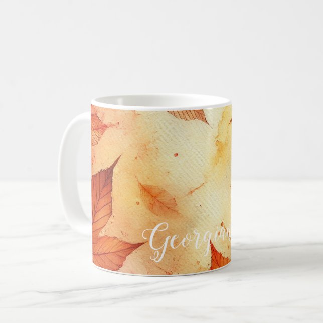 Personalised Warm Autumnal Watercolor Leaves Coffee Mug (Front Left)