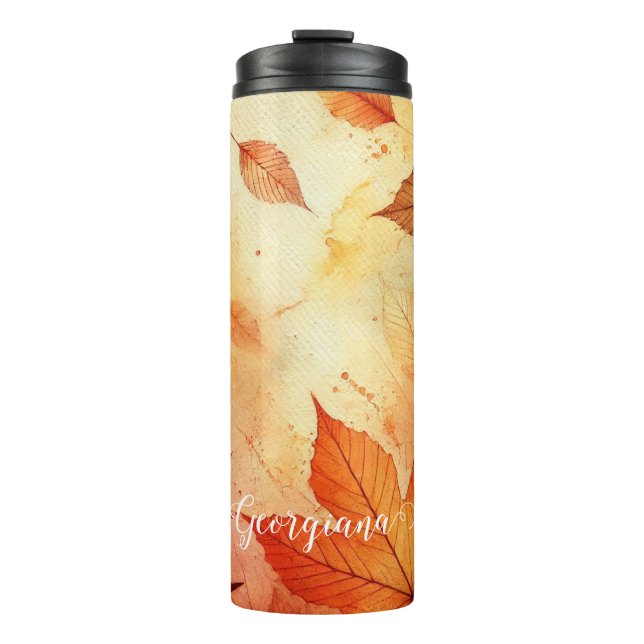 Personalised Warm Autumnal Watercolor Leaves Thermal Tumbler (Front)