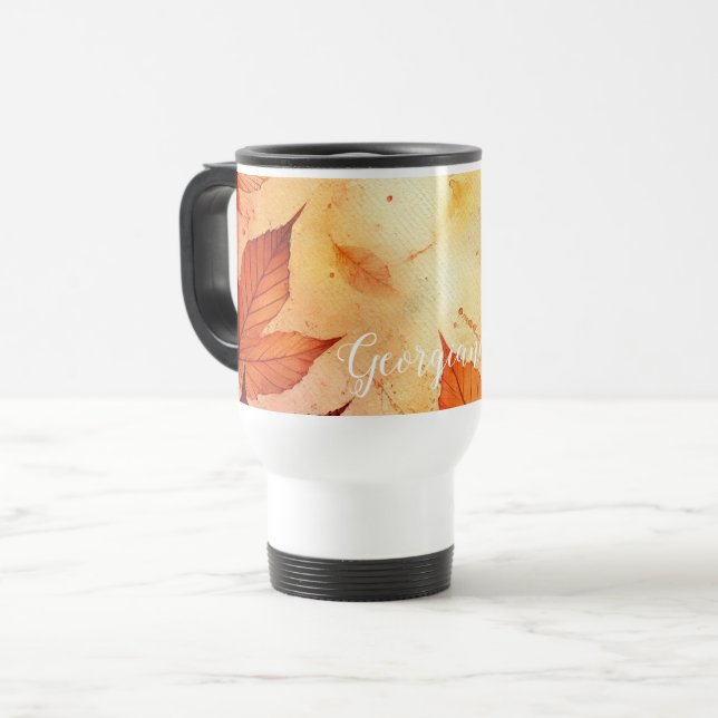 Personalised Warm Autumnal Watercolor Leaves Travel Mug (Front Left)