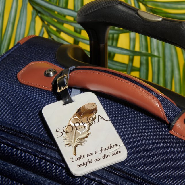 Personalised Warm Brown Feather Monogram  Luggage Tag (Front Insitu 1)