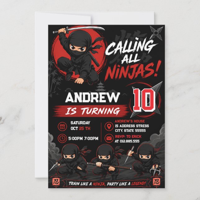 Personalised Warrior Ninja Birthday Invitation (Front)
