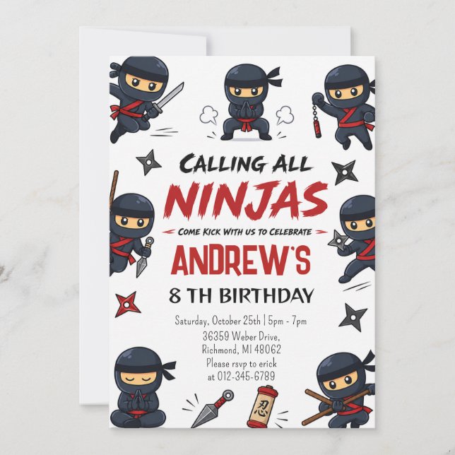 Personalised Warrior Ninja Birthday party Invitation (Front)