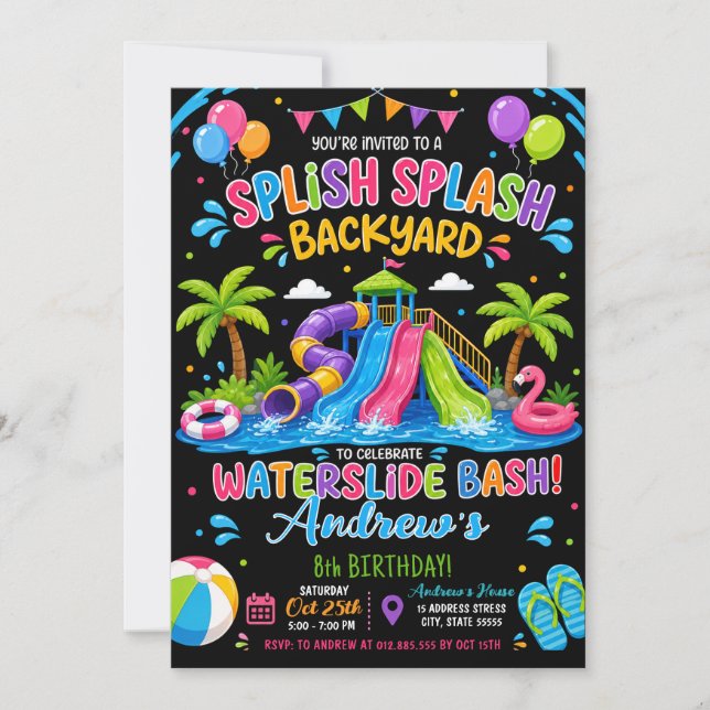Personalised Water Slide Bash Birthday Invitation (Front)