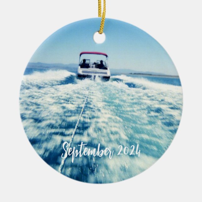 Personalised Water Sports Speed Boat Photo Ceramic Tree Decoration (Front)