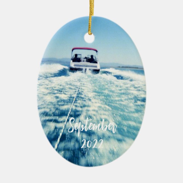 Personalised Water Sports Speed Boat Photo Oval Ceramic Tree Decoration (Front)