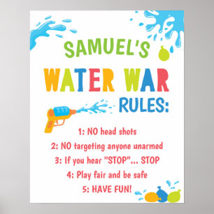 Personalised Water War Rules Birthday Party Sign
