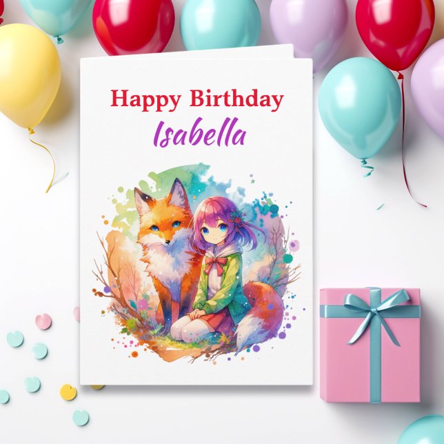 Personalised Watercolor Anime Girl Fox Birthday Card (Creator Uploaded)