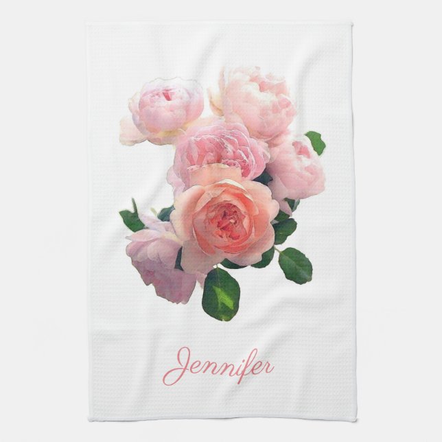 Personalised Watercolor Art Pink Red Roses Modern Tea Towel (Vertical)