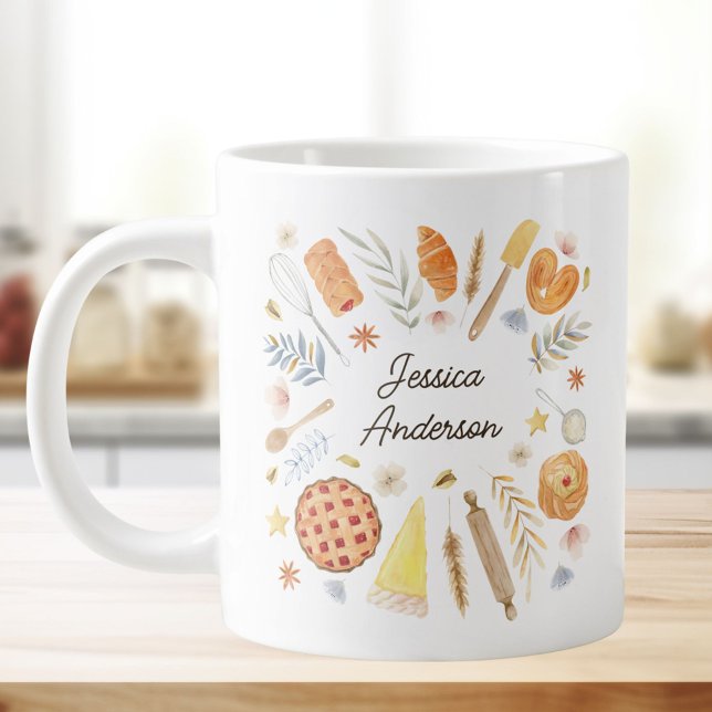 Personalised Watercolor Baking Pastry Chef Large Coffee Mug (In situ)
