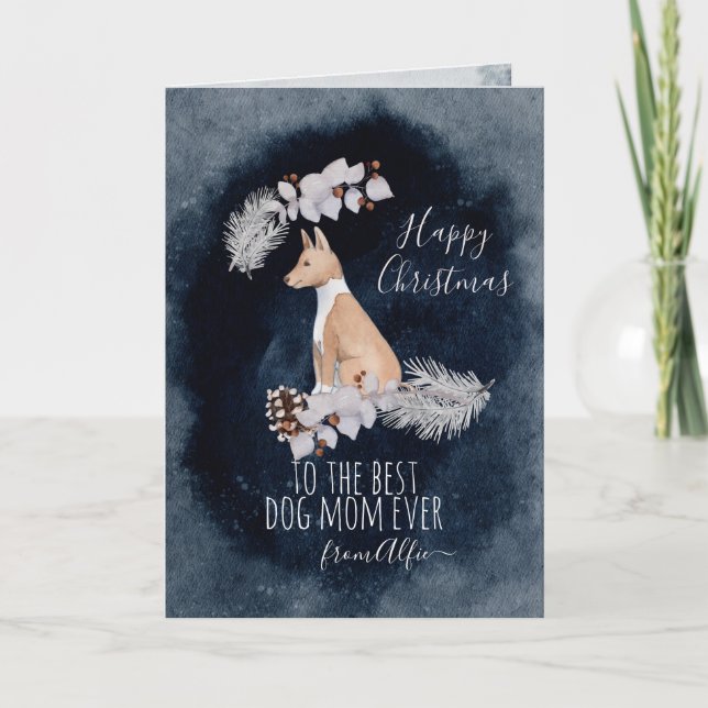 Personalised Watercolor Basenji Mum Christmas Holiday Card (Front)
