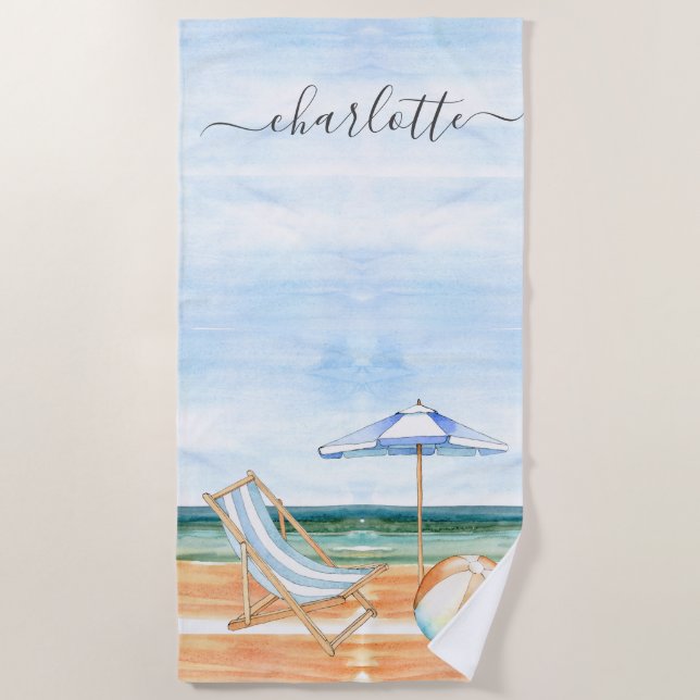 Personalised Watercolor Beach Chair Ball Umbrella Beach Towel (Front)