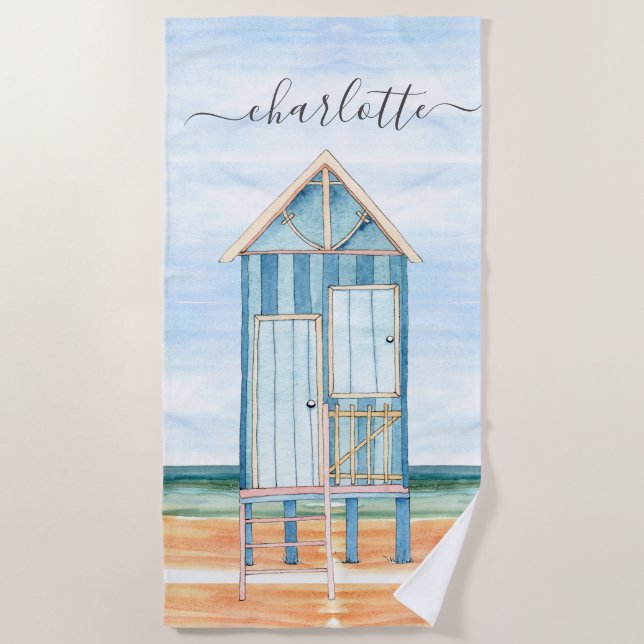 Personalised Watercolor Beach Hut  Beach Beach Towel (Front)