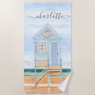 Personalised Watercolor Beach Hut Beach Towel