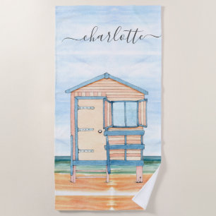 Personalised Watercolor Beach Hut  Beach Towel