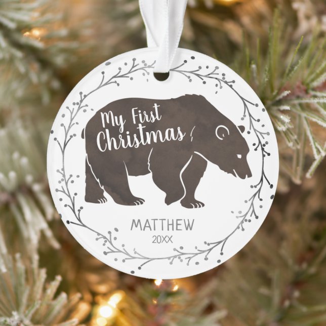 Personalised Watercolor Bear Baby First Christmas Ornament (Tree)