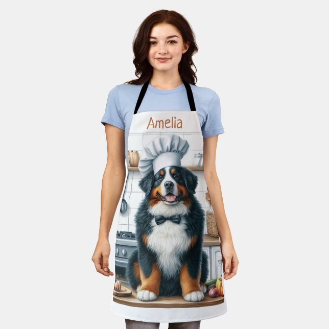 Personalised Watercolor Bernese Mountain Dog Chef Apron (Worn)