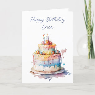 Personalised Watercolor Birthday Cake Holiday Card