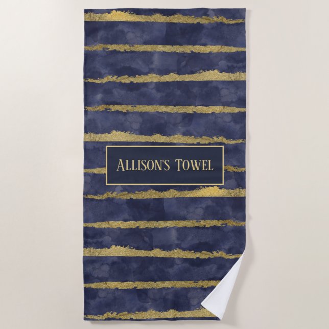 Personalised Watercolor Blue and Gold Look Beach Towel (Front)