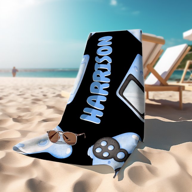 Personalised Watercolor Blue Gaming  Beach Towel (Creator Uploaded)