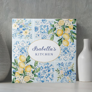 Personalised Watercolor Blue Italian Lemon Floral Tile