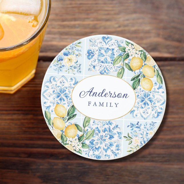 Personalised Watercolor Blue Italian Tile Lemon Coaster (In situ)