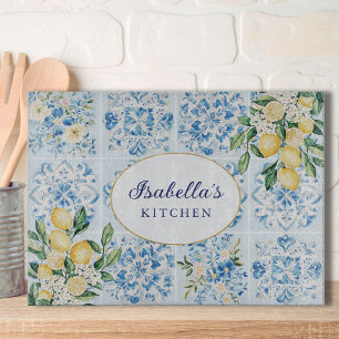 Personalised Watercolor Blue Italian Tile Lemon Cutting Board