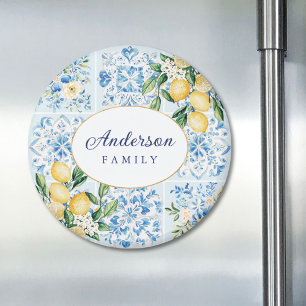 Personalised Watercolor Blue Italian Tile Lemon Magnet