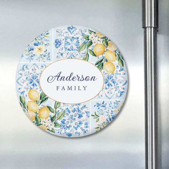 Personalised Watercolor Blue Italian Tile Lemon Magnet (In situ)