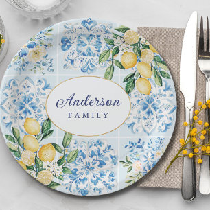Personalised Watercolor Blue Italian Tile Lemon Paper Plate