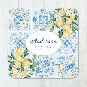 Personalised Watercolor Blue Italian Tile Lemon Square Paper Coaster