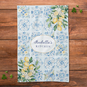 Personalised Watercolor Blue Italian Tile Lemon Tea Towel