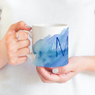 Personalised Watercolor Blue Turquoise Monogram Coffee Mug