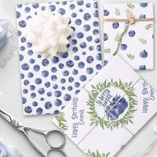 Personalised watercolor blueberries pattern  wrapping paper sheet