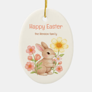 Personalised Watercolor Bunny Happy Easter  Ceramic Tree Decoration