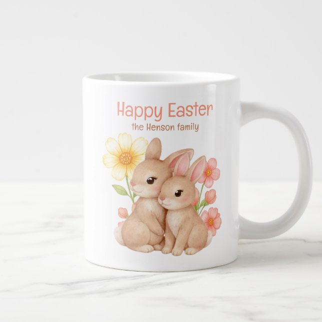 Personalised Watercolor Bunny Happy Easter  Large Coffee Mug (Right)