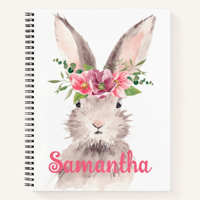 Personalised  Watercolor Bunny pink flowers name  Notebook (Front)