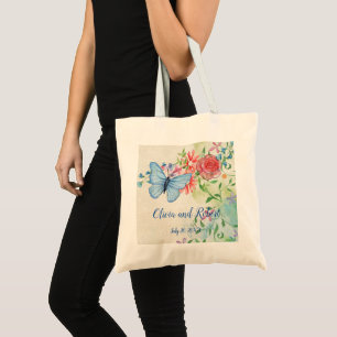 Personalised watercolor butterfly and red rose tote bag