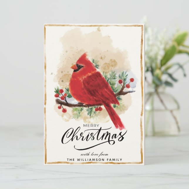 Personalised Watercolor Cardinal Christmas Card (Standing Front)