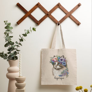 Personalised Watercolor Cat Florals Tote Bag