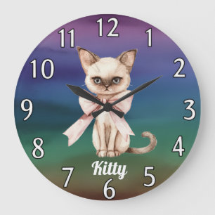 Personalised Watercolor Cat Photo & Name Wall Large Clock