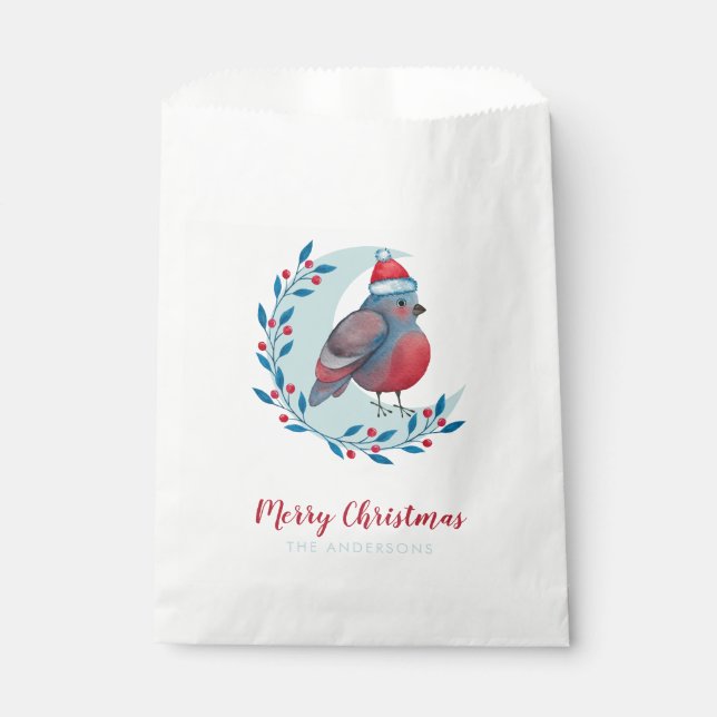 Personalised Watercolor Christmas Bird On Moon Favour Bags (Front)
